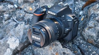 Image shows the Nikon D5600 on pebbles