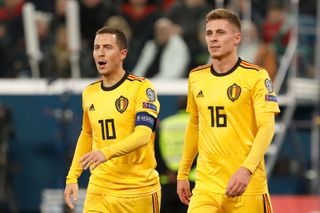 Eden and Thorgan Hazard in action for Belgium against Russia in 2019.