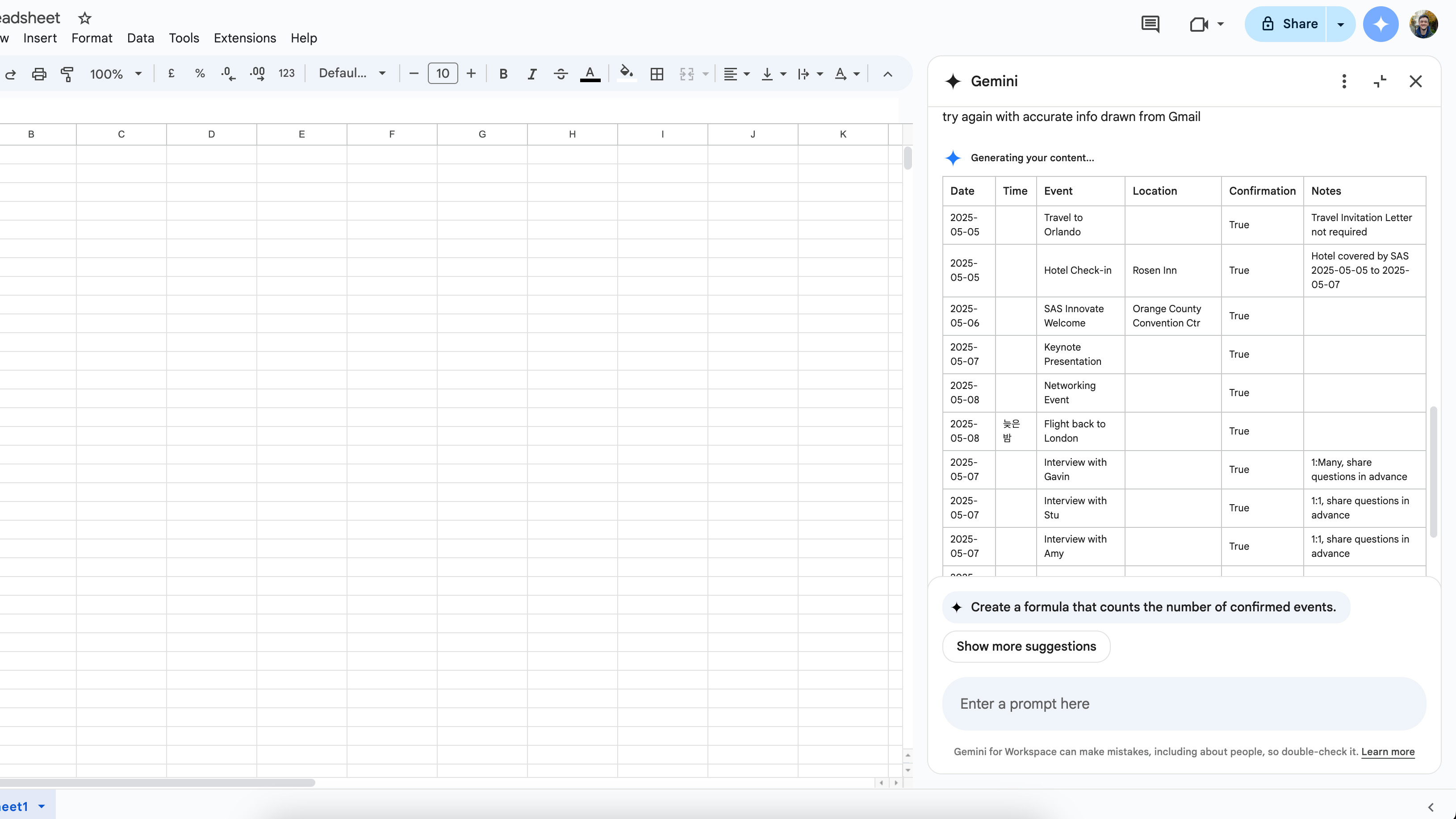 A screenshot of Gemini in Google Sheets