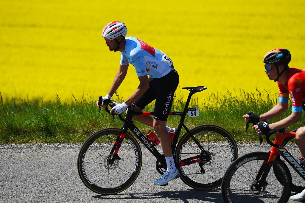 OULENSSOUSECHALLENS SWITZERLAND APRIL 28 Thomas Champion of France and Team Cofidis blue mountain jersey competes during the 75th Tour De Romandie 2022 Stage 2 a 1682km stage from challens to challens TDR2022 on April 28 2022 in OulenssousEchallens Switzerland Photo by Dario BelingheriGetty Images
