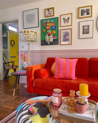 Colorful living room with pink couch