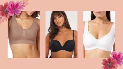 A selection of the best bras for back fat in 2023, on a pink background with floral graphics.