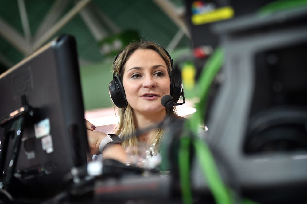 Kristina Vogel in the commentary booth at the UCI Track World Championships