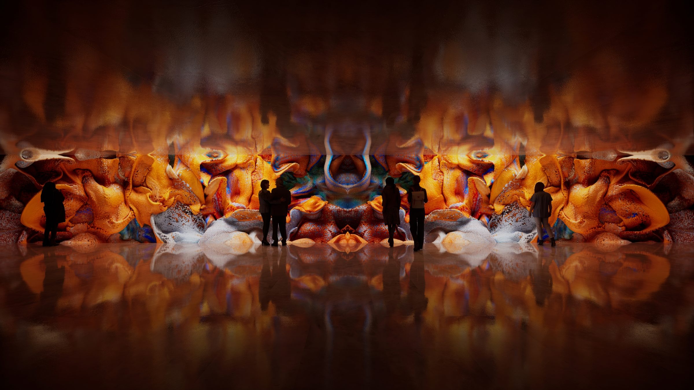 People standing in frontof Refik Anadol artwork based on the coral reef