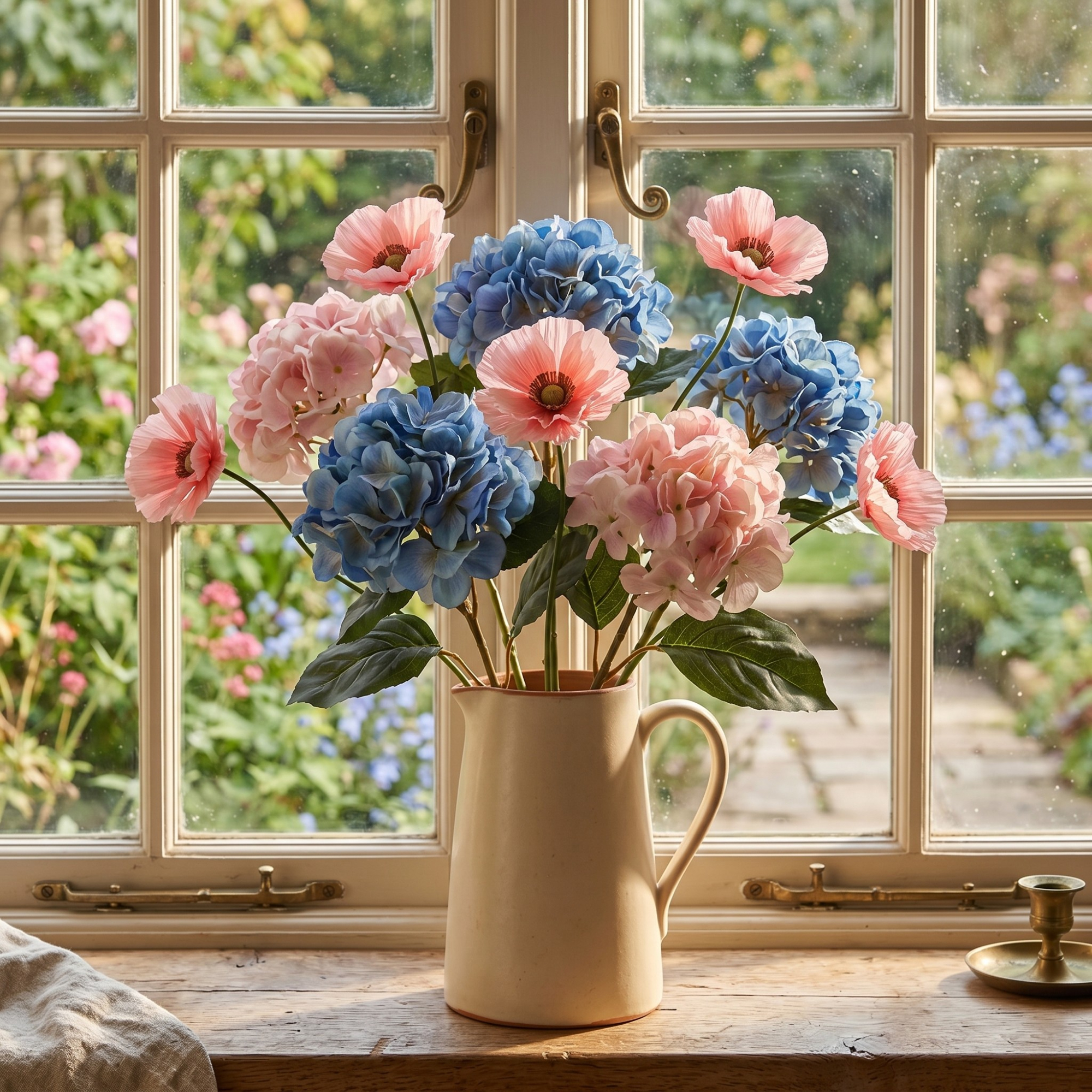 Artificial hydrangea and poppy flower stems from Ikea arranged in a jug