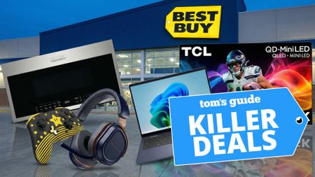 Collage of items on sale shown outside a Best Buy store