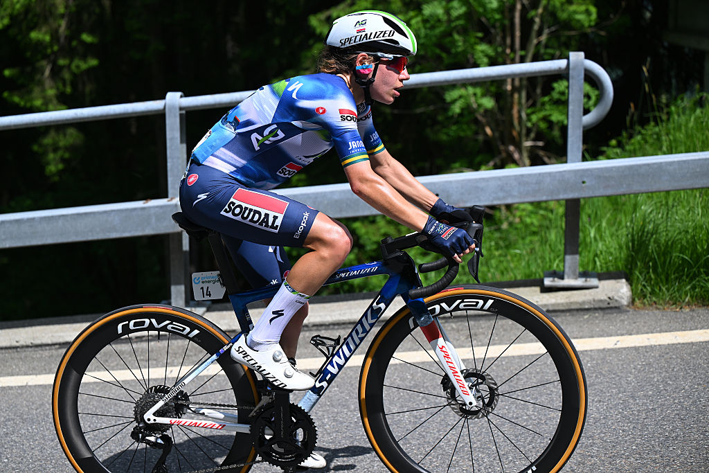 GSTAAD, SWITZERLAND - JUNE 12: Sarah Gigante of Australia and Team AG Insurance - Soudal attacks in the chase group during the 5th Tour de Suisse Women 2025, Stage 1 a 95.5km stage from Gstaad to Gstaad 1047m / #UCIWWT / on June 12, 2025 in Gstaad, Switzerland. (Photo by Tim de Waele/Getty Images)