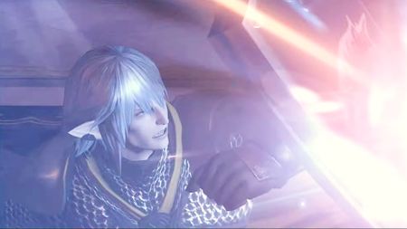 A Final Fantasy 14 character tries to shield his allies for a spear of light