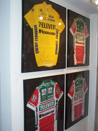 Andy Hampsten’s signed jersey, with two other 7-Eleven team jerseys, and Steve Bauer’s 1990 Tour de France yellow jersey