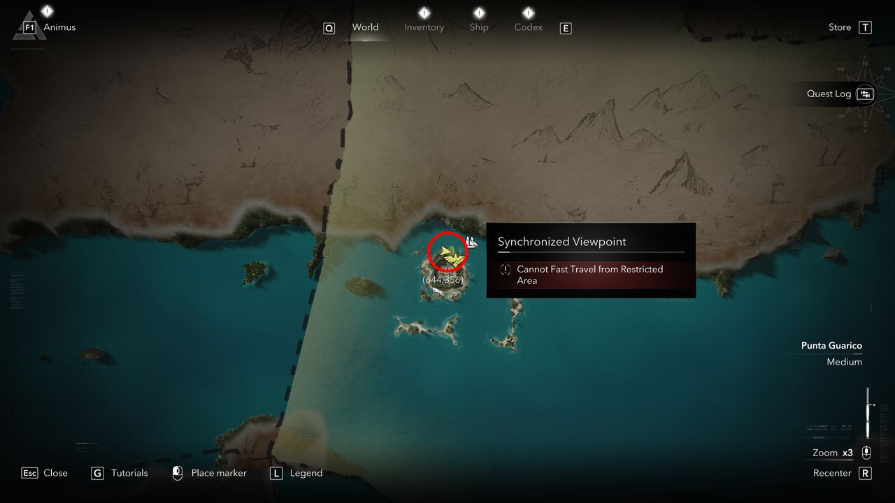 Black Flag treasure maps: A screenshot of the map with a red circle showing the location of the buried treasure chest in Cumberland Bay.