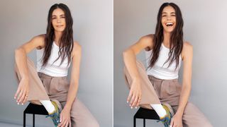 a doubled image of the stylist Molly Dickson sitting on a stool while wearing a white tank top and khaki pants