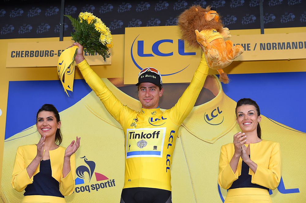 Peter Sagan in the first Tour de France yellow jersey of his career