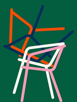 Stacked, by Stephen Cheetham. A painting of the same shaped chair in different colours stacked on top of each other on a green background.