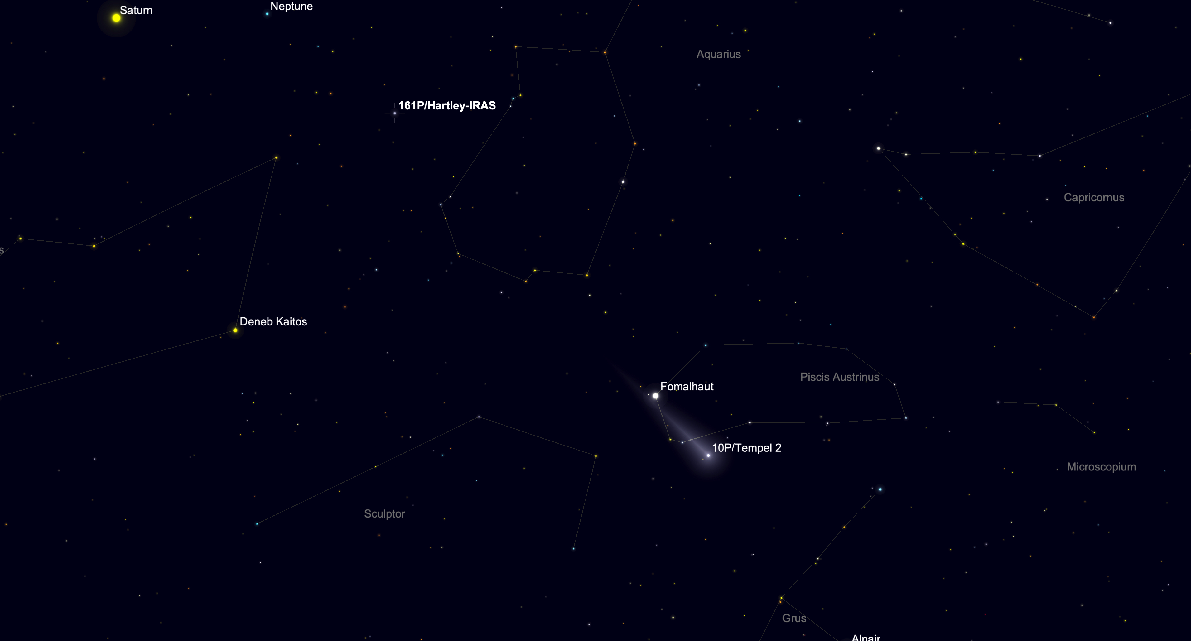 Star chart showing the locations of comets 10P/Tempel 2 and 161P/Hartley-IRAS on Sept. 28, 2026, with Saturn and Neptune also shown.