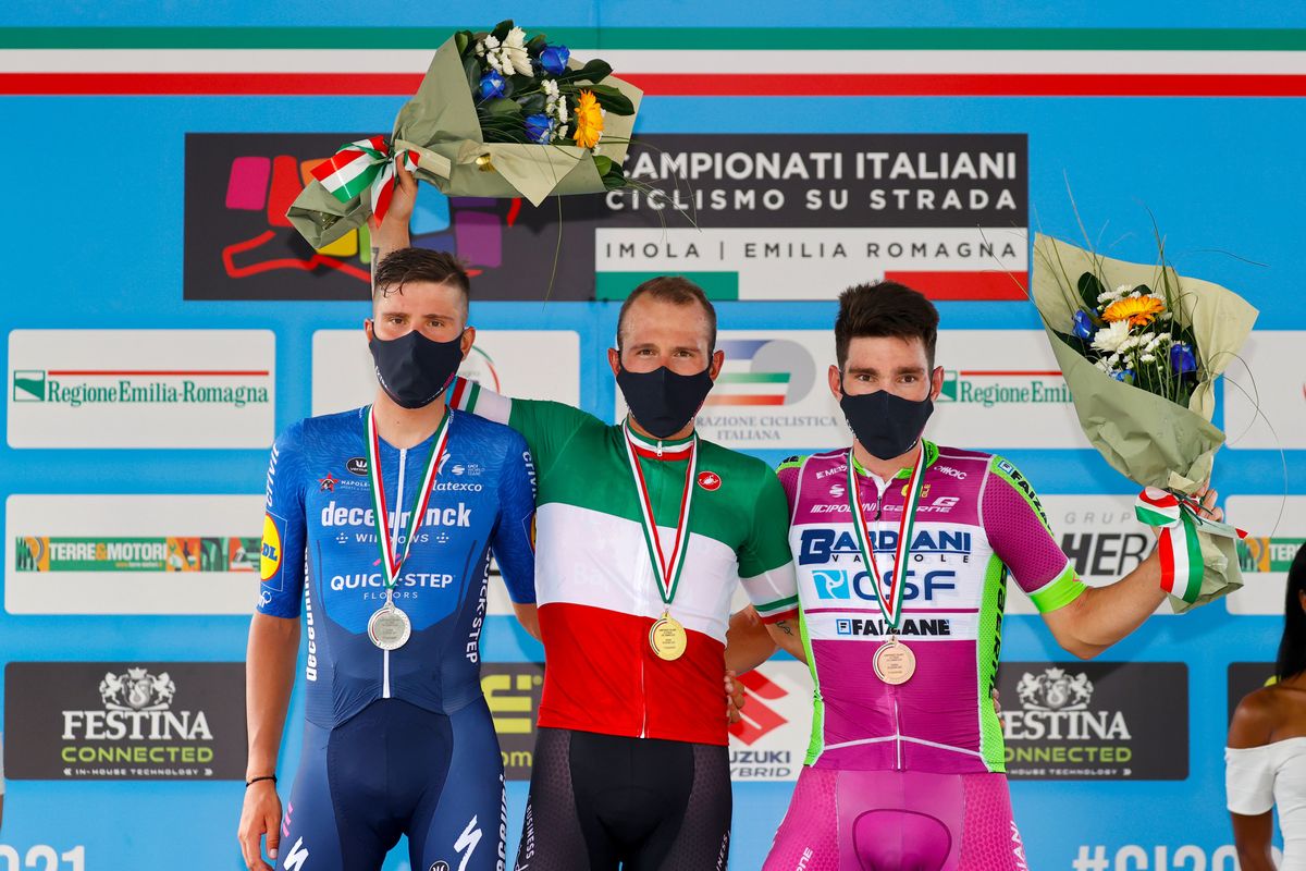 2021 Italian Road Championship Men Road Race BellariaIgea Marina Imola 2259 km 20062021 Sonny Colbrelli ITA Bahrain Victorious Fausto Masnada ITA Deceuninck QuickStep Samuele Zoccarato ITA Bardiani CSF Faizane photo Luca BettiniBettiniPhoto2021