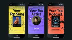 Three phones showing the Amazon Music Delivered recap for the top song, artist and podcast of the year.