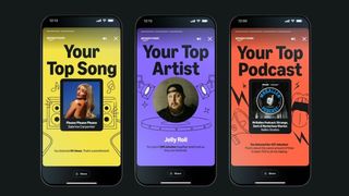 Three phones showing the Amazon Music Delivered recap for the top song, artist and podcast of the year.