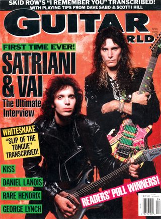 Joe Satriani (left) and Steve Vai, pictured on the cover of the April 1990 issue of Guitar World