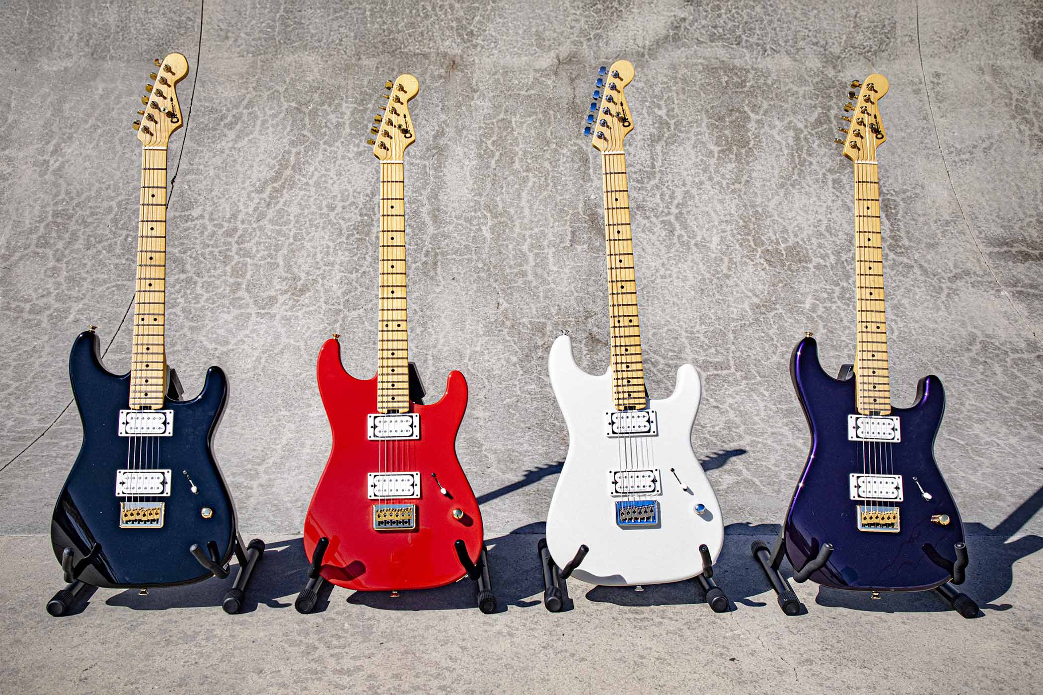 Charvel's Neo-Classic Series offers the San Dimas Style 1 with and without a Floyd Rose, with finishes including Robin's Egg Blue, Ivory Blitz, Gloss Black, Velvet Midnight and Racing Red
