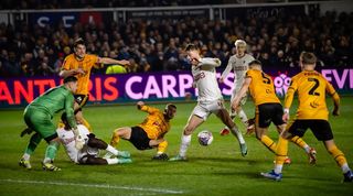 Rasmus Hojlund scores a late goal for Manchester United against Newport County in the FA Cup fourth round in January 2024.
