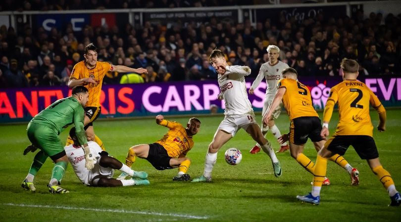 Rasmus Hojlund scores a late goal for Manchester United against Newport County in the FA Cup fourth round in January 2024.