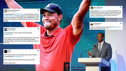 Tiger Woods at the Hall of Fame with tweets overlayed