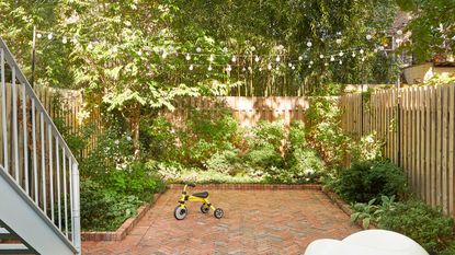 a backyard with trees in a shady spot