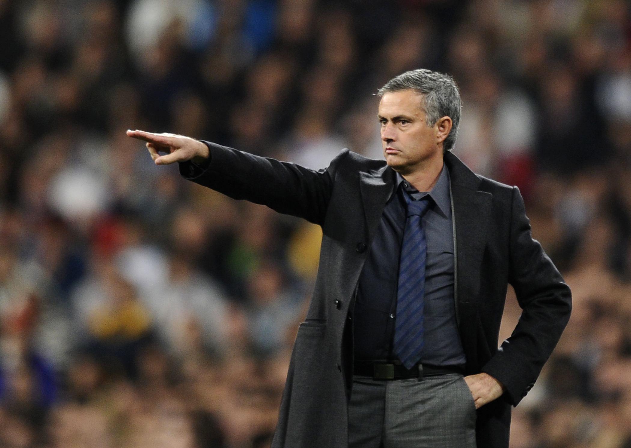 Real Madrid coach Jose Mourinho gestures during a game against Atletico Madrid in November 2010.