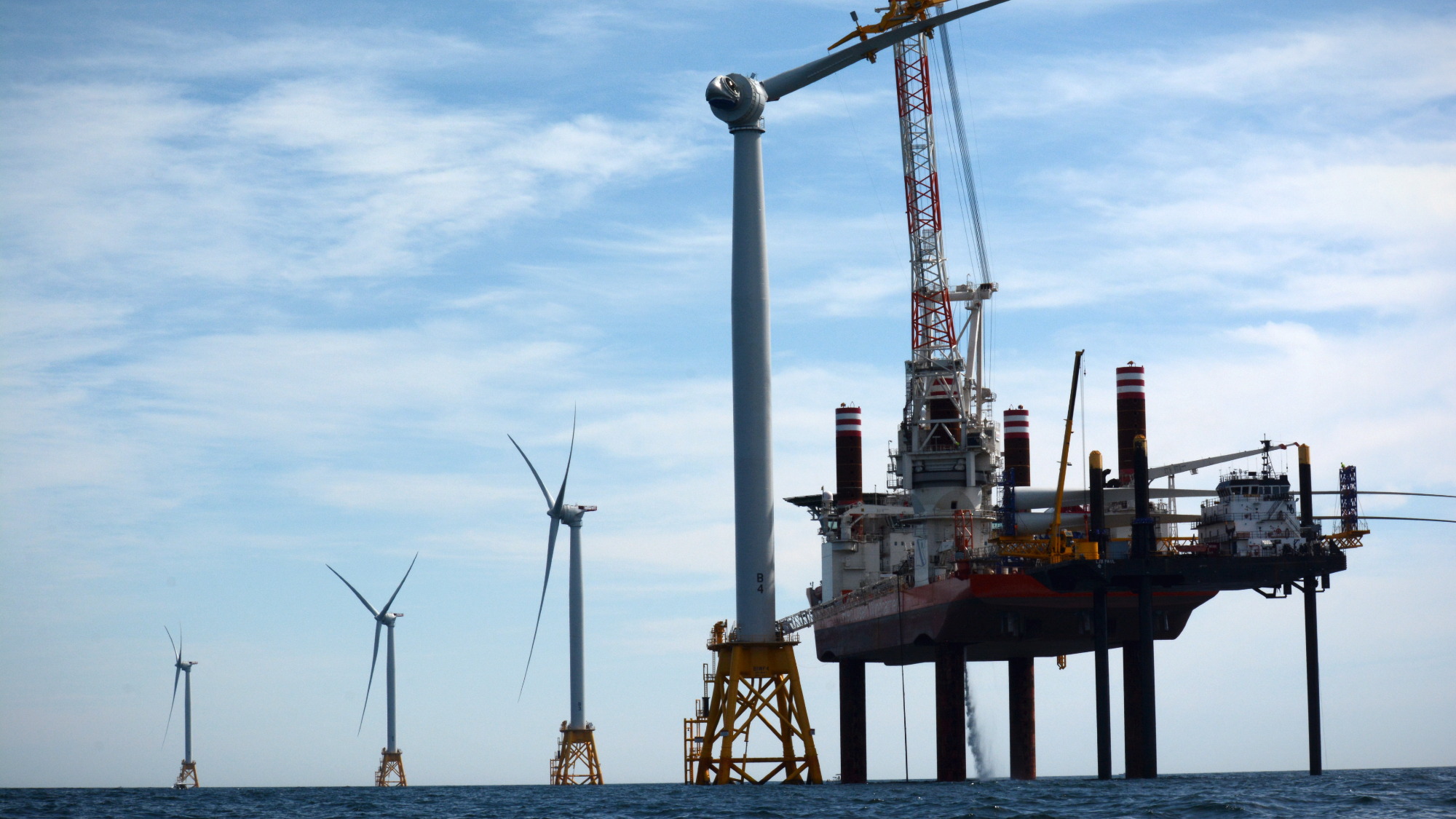 Block Island, R.I: Deepwater Wind installing the first offshore wind farm at Block Island, Rhode Island, August 14, 2016.