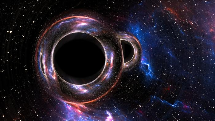 Two black holes illustrated merging together in space.