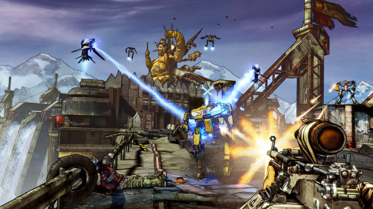 The player battling a robot in Borderlands 2