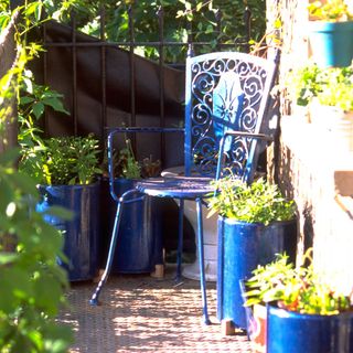 blue chair in garden with plants in blue pots