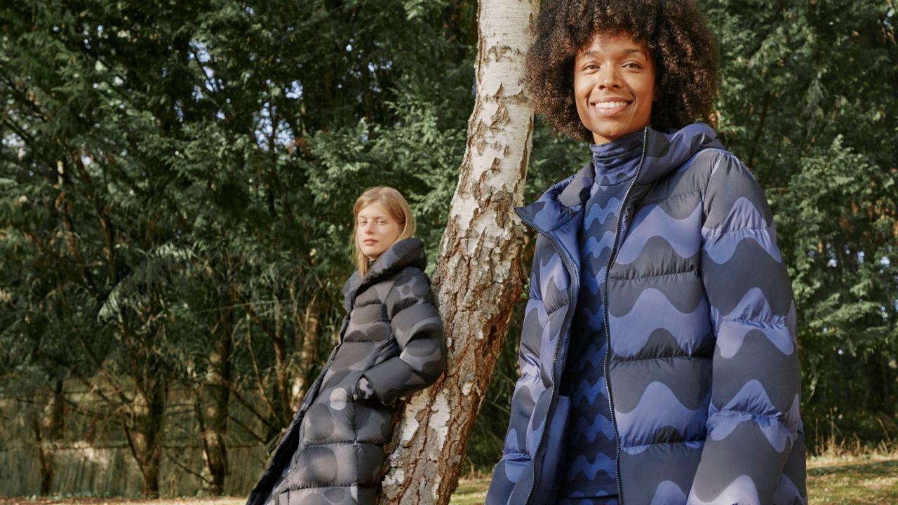 models wearing Uniqlo x Marimekko coats in woodland