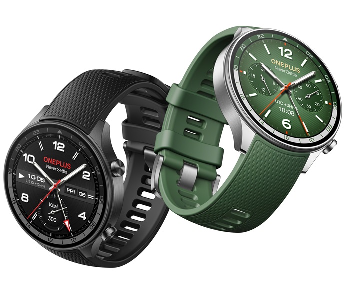 OnePlus Watch 2R dalam warna Forest Green dan Gunmetal Grey.