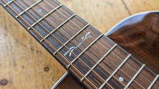 Close up of 12th fret detail on the Ferndale P3-E Parlor guitar
