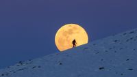 A yellow full moon is pictured rising over a snow covered mountain behind a skier in a darkening blue sky.