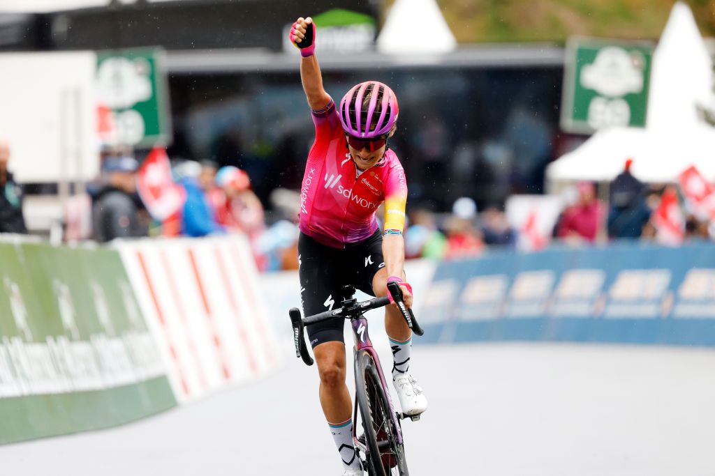 THYON SWITZERLAND OCTOBER 08 Ashleigh Moolman Pasio of South Africa and Team SD Worx celebrates at finish line as stage winner during the 1st Tour de Romandie Feminin 2022 Stage 2 a 1045km stage from Sion to Thyon 2089m TDRwomen TDRF on October 08 2022 in Thyon Switzerland Photo by Bas CzerwinskiGetty Images