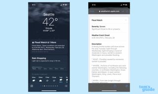 Flood alert displayed in iOS 17 Weather app on iPhone