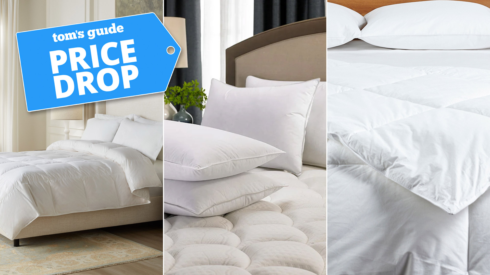 Composite image showing bedding from Ritz-Carlton, Hilton and JW Marriott, with a Tom's Guide badge overlaid saying "PRICE DROP"
