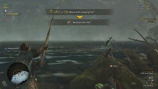 A Hunter trying to catch a Speartuna in Monster Hunter Wilds, the text instructs the player to "Restrain the Fish" with RT.