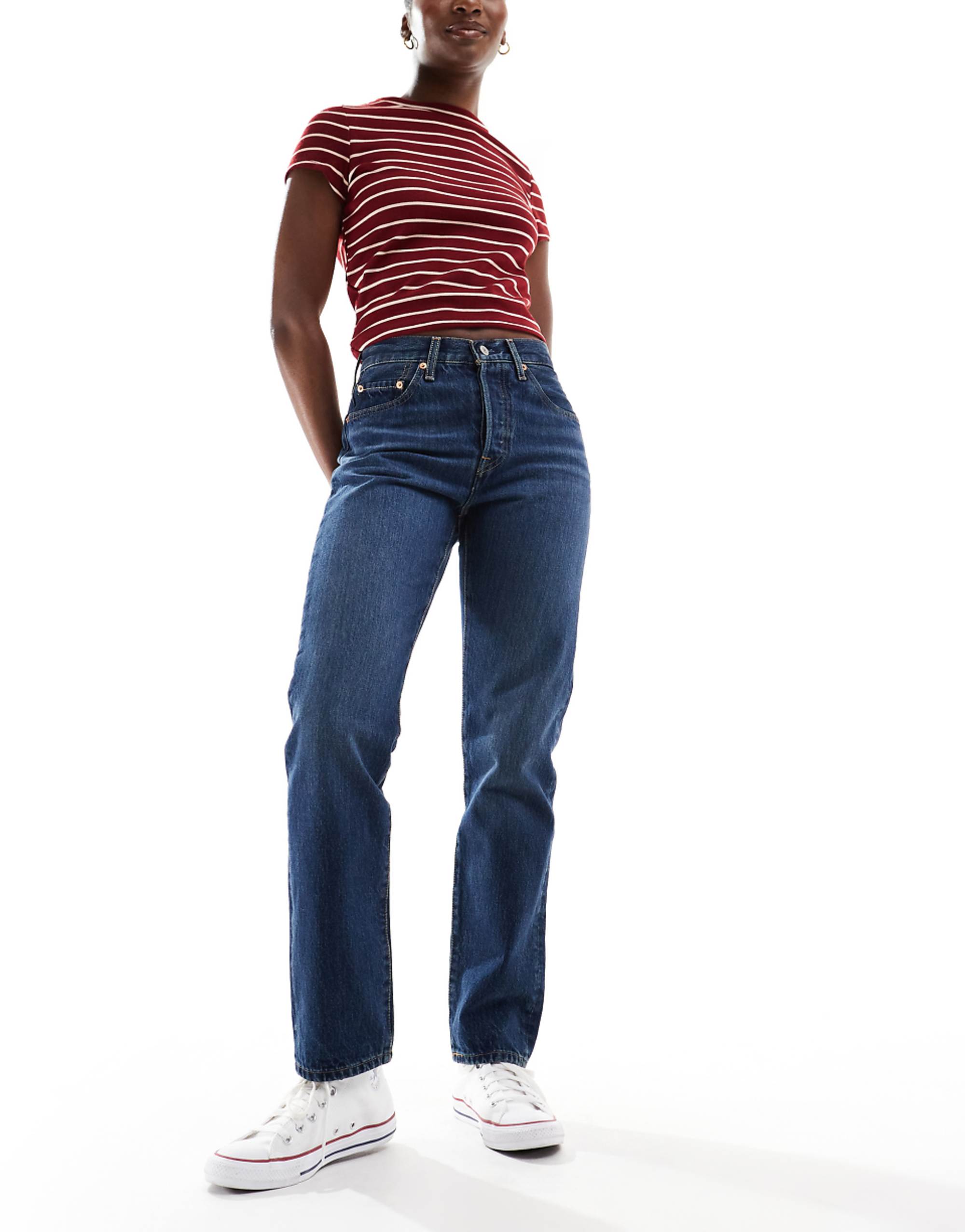 Levis 501 Straight Fit Crop Jeans in Dark Blue