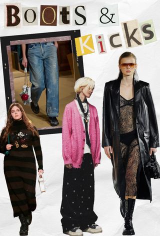 90s grunge fashion is shown in a collage with a photo of models wearing combat boots and low-top sneakers