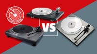 Rega, Pro-Ject and Technics turntables on a red and grey background