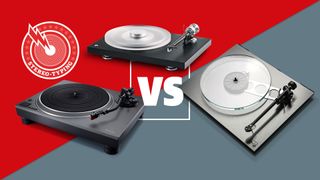 Rega, Pro-Ject and Technics turntables on a red and grey background