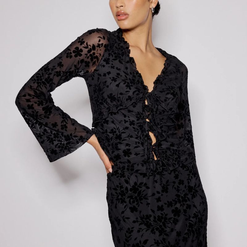Nobody&#039;s Child jacquard frill blouse on model 