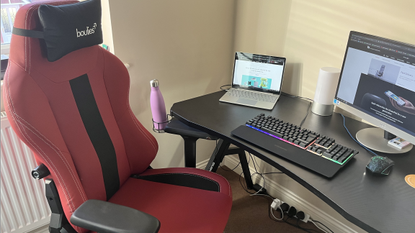 The Boulies Master Series gaming chair, shown in red PU leather, fully assembled for review in the T3 gaming chair test facility