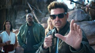 Ludi Lin as &ldquo;Liu Kang&rdquo;, Mehcad Brooks as &ldquo;Jackson &lsquo;Jax&rsquo; Briggs&rdquo;, Jessica McNamee as &ldquo;Sonya Blade&rdquo;, and Karl Urban as &ldquo;Johnny Cage&rdquo; in "Mortal Kombat 2" film (2026)