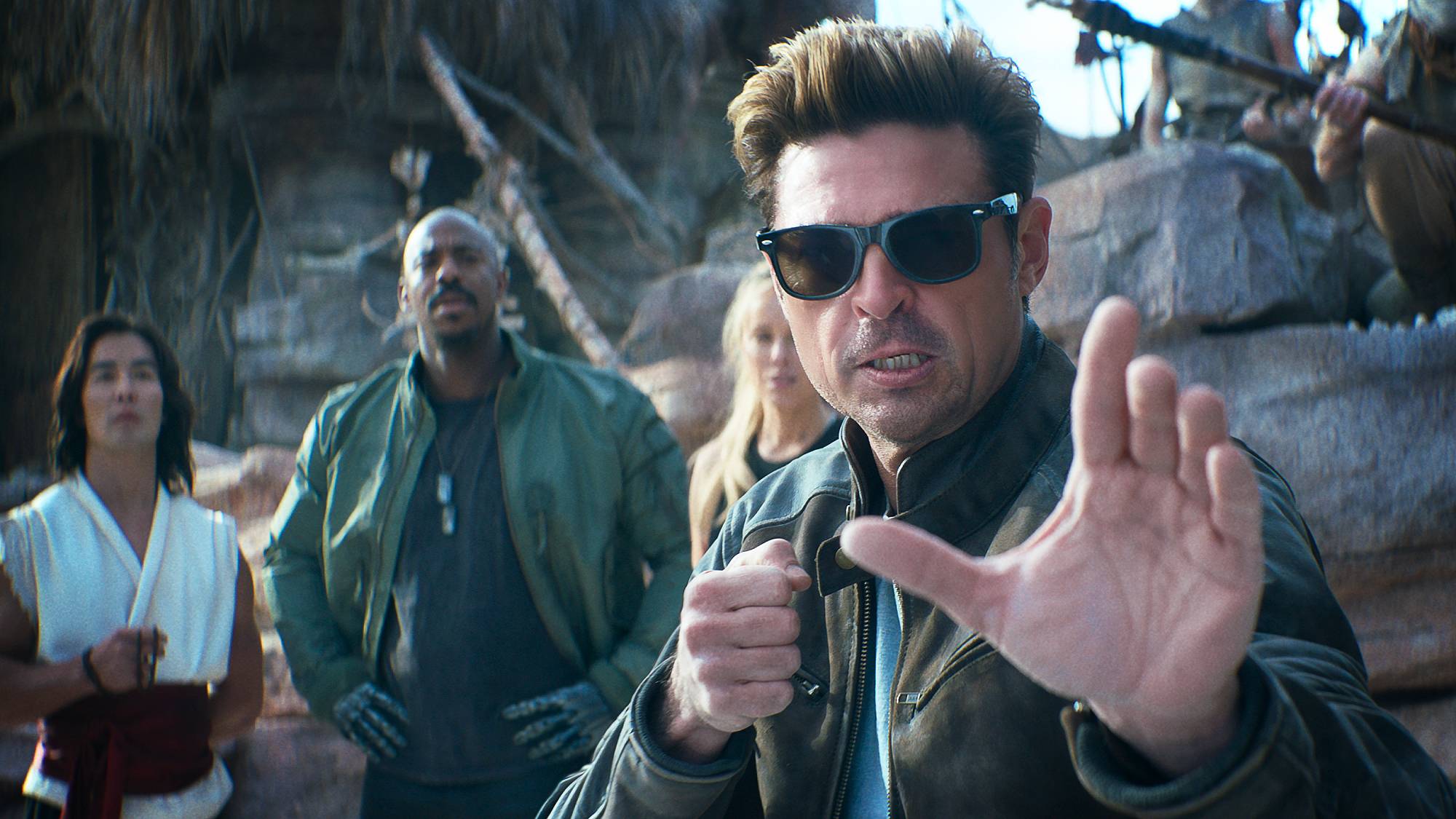 Ludi Lin as &ldquo;Liu Kang&rdquo;, Mehcad Brooks as &ldquo;Jackson &lsquo;Jax&rsquo; Briggs&rdquo;, Jessica McNamee as &ldquo;Sonya Blade&rdquo;, and Karl Urban as &ldquo;Johnny Cage&rdquo; in "Mortal Kombat 2" film (2026)