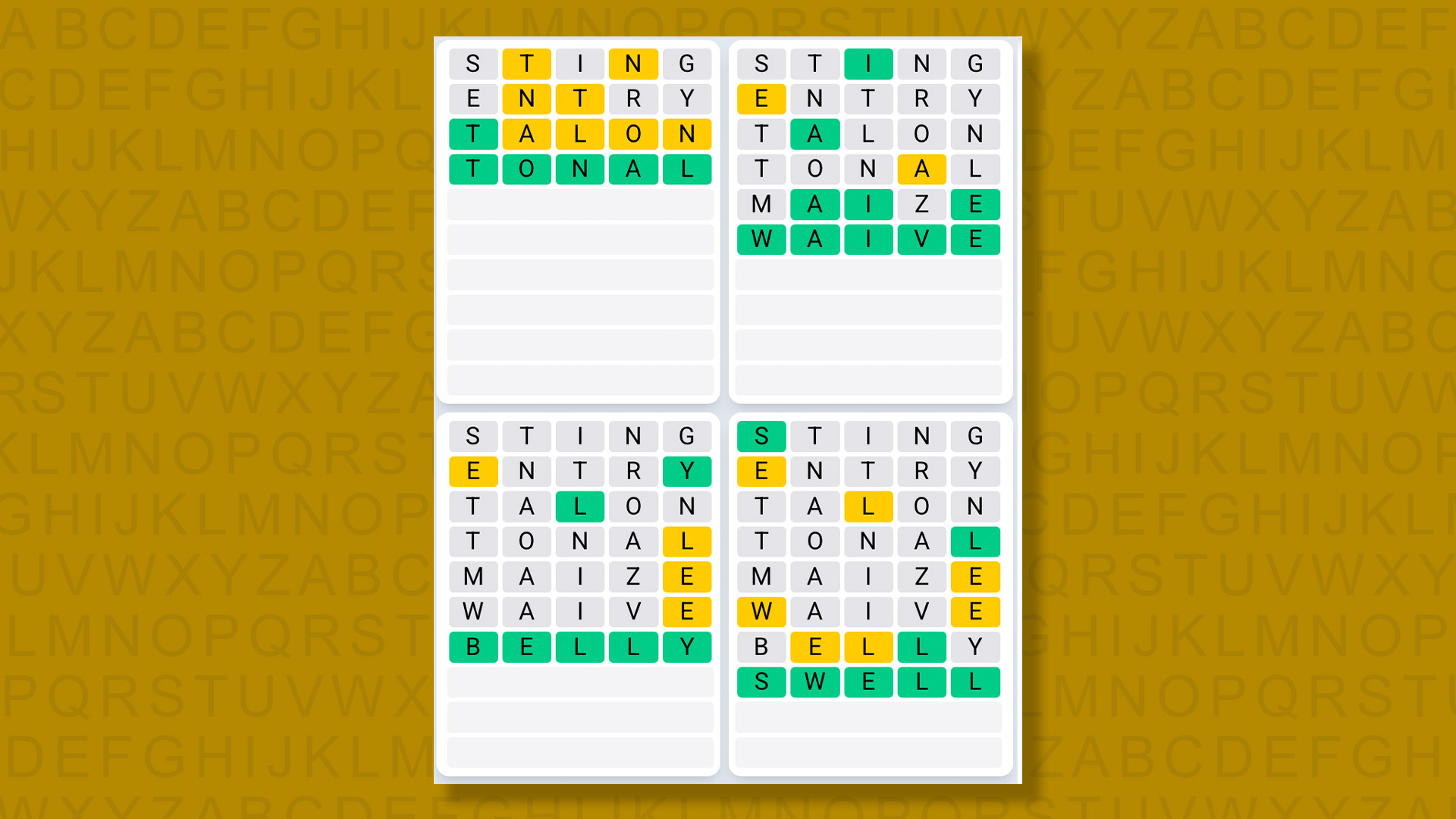 Quordle Daily Sequence answers for game 1386 on a yellow background