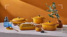 Honey yellow Le Creuset new colour 2023 shown across the cast iron cookware collection